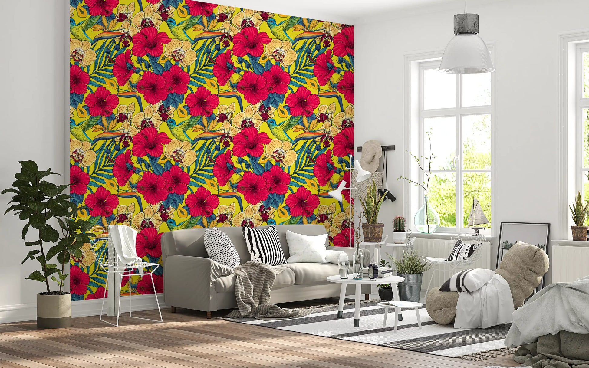 Kitchen wallpaper with exotic florals and vibrant yellow background., GD9837