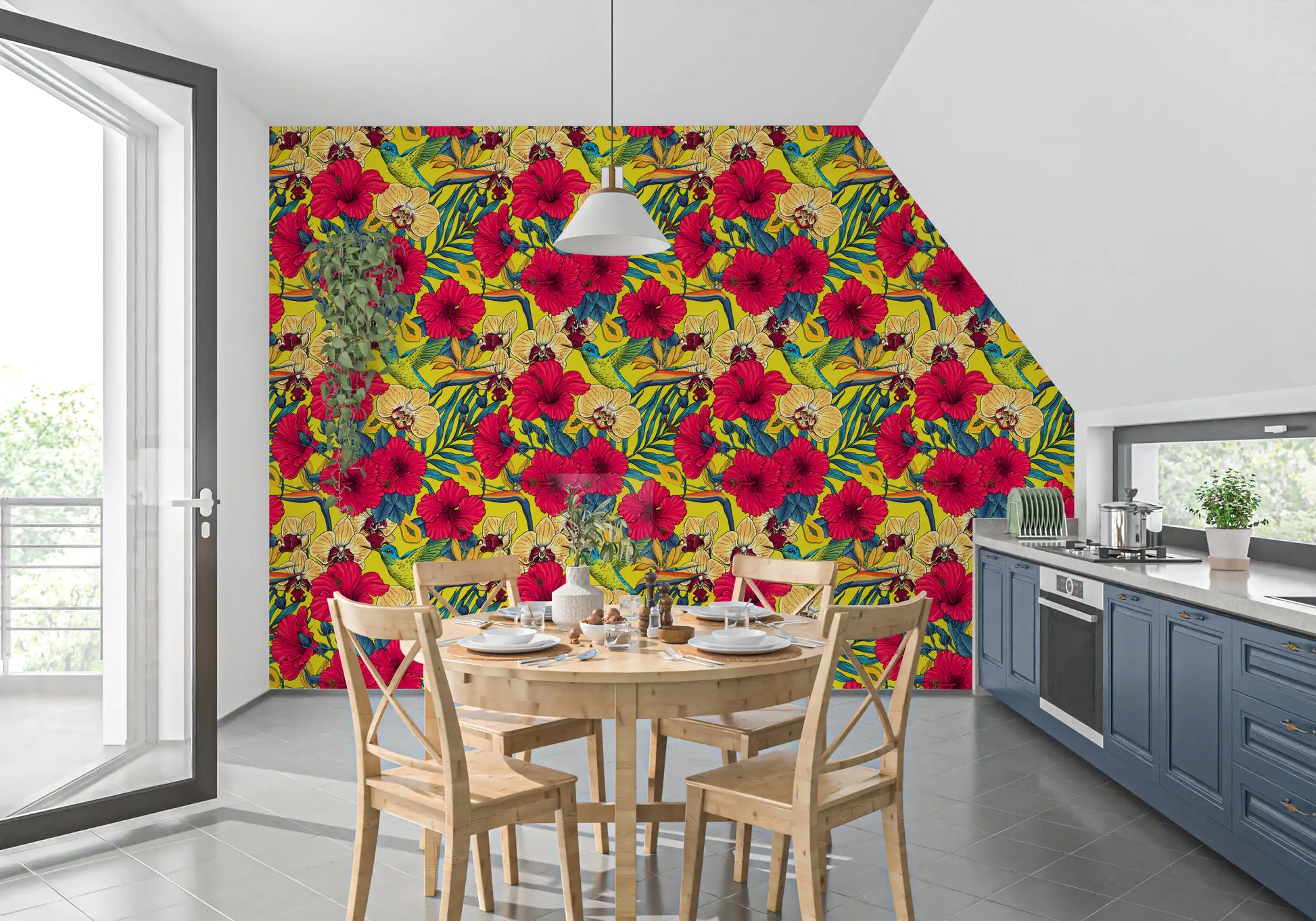 Dining room wallpaper with hummingbirds and yellow tropical garden pattern., GD9837