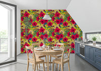 Dining room wallpaper with hummingbirds and yellow tropical garden pattern., GD9837
