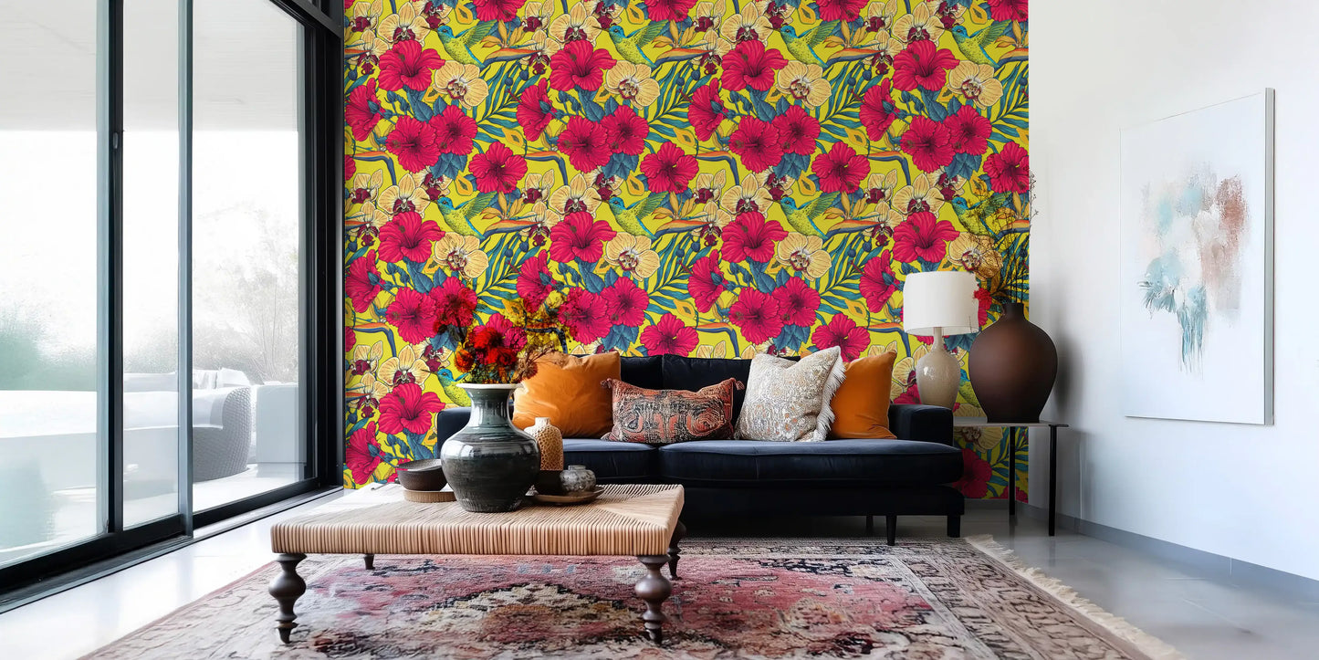 Botanical floral wallpaper featuring papaya fruit and exotic green leaves., GD9837