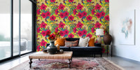 Botanical floral wallpaper featuring papaya fruit and exotic green leaves., GD9837