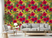 Blue hummingbird flying near cream orchids on tropical garden wallpaper., GD9837