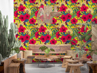 Red hibiscus blossoms and green tropical foliage on botanical wallpaper., GD9837