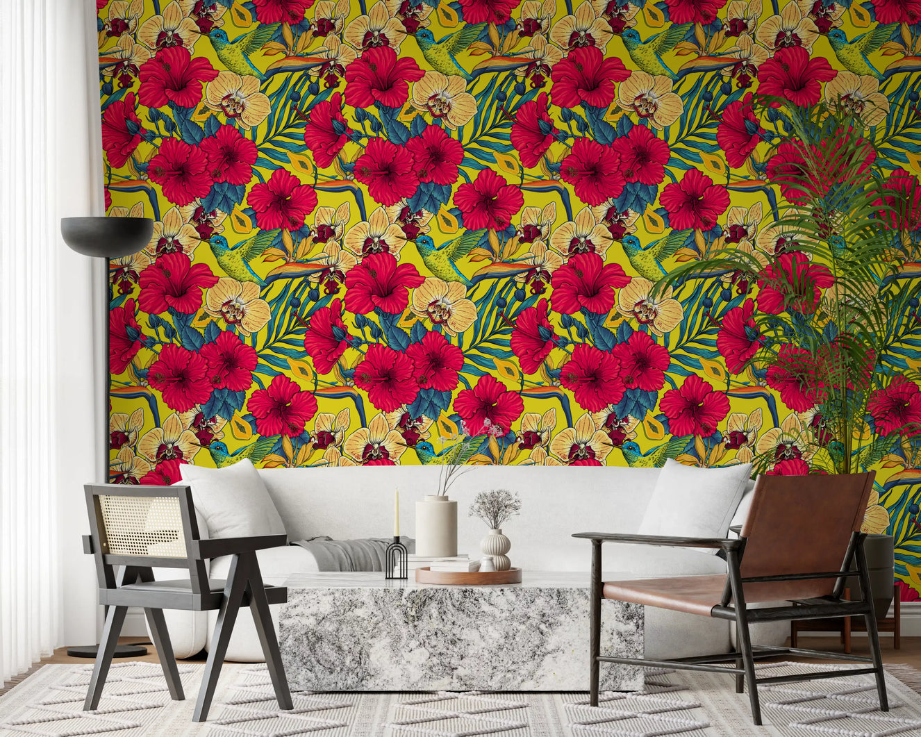 Tropical garden wallpaper with blue hummingbird and cream orchids.