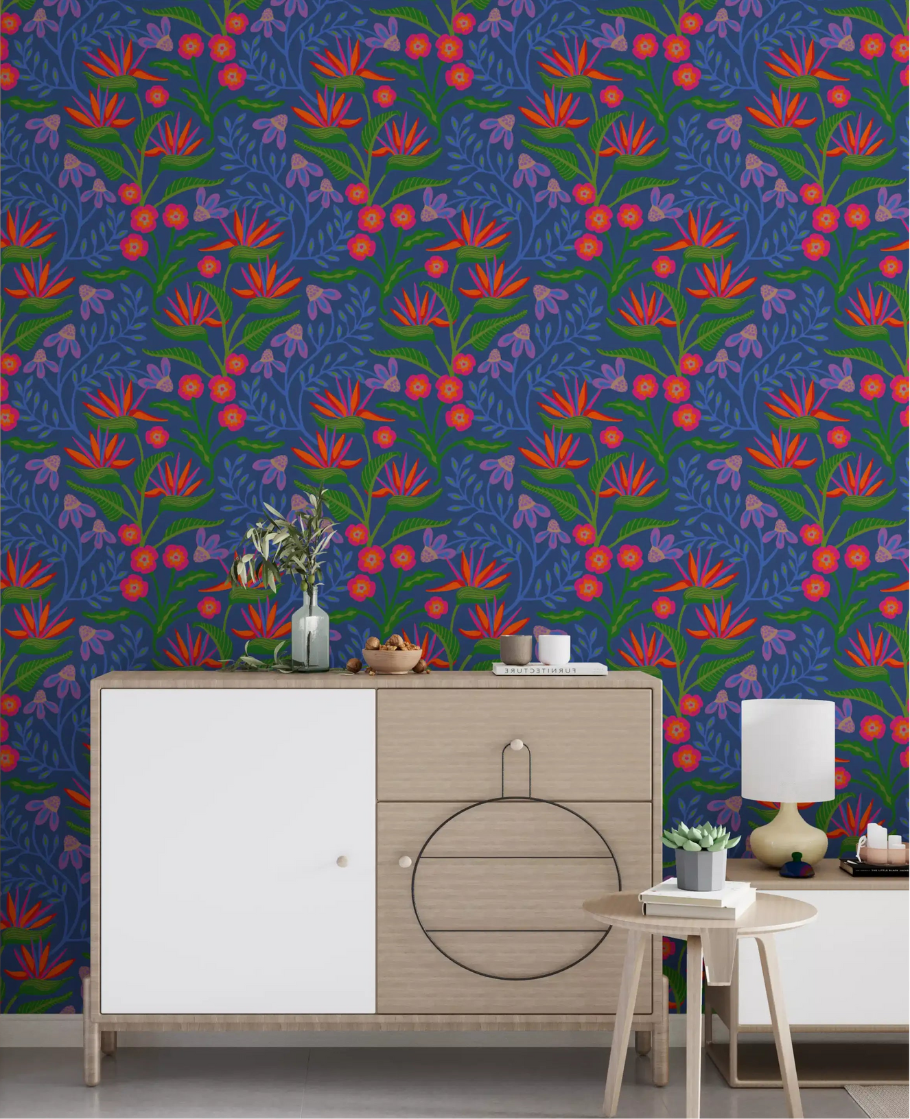 Tropical Tangle Floral Bird of Paradise Fuchsia Pink Blue Wallpaper for a hallway.