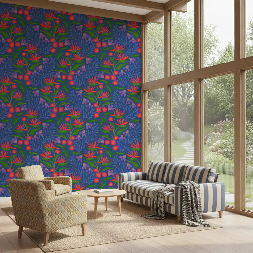 Tropical Tangle Floral Bird of Paradise Fuchsia Pink Blue Wallpaper⁠