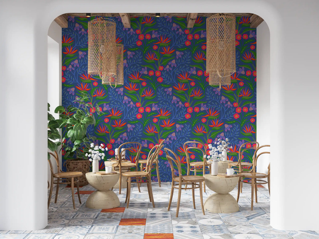Tropical Tangle Floral Bird of Paradise Fuchsia Pink Blue Wallpaper⁠