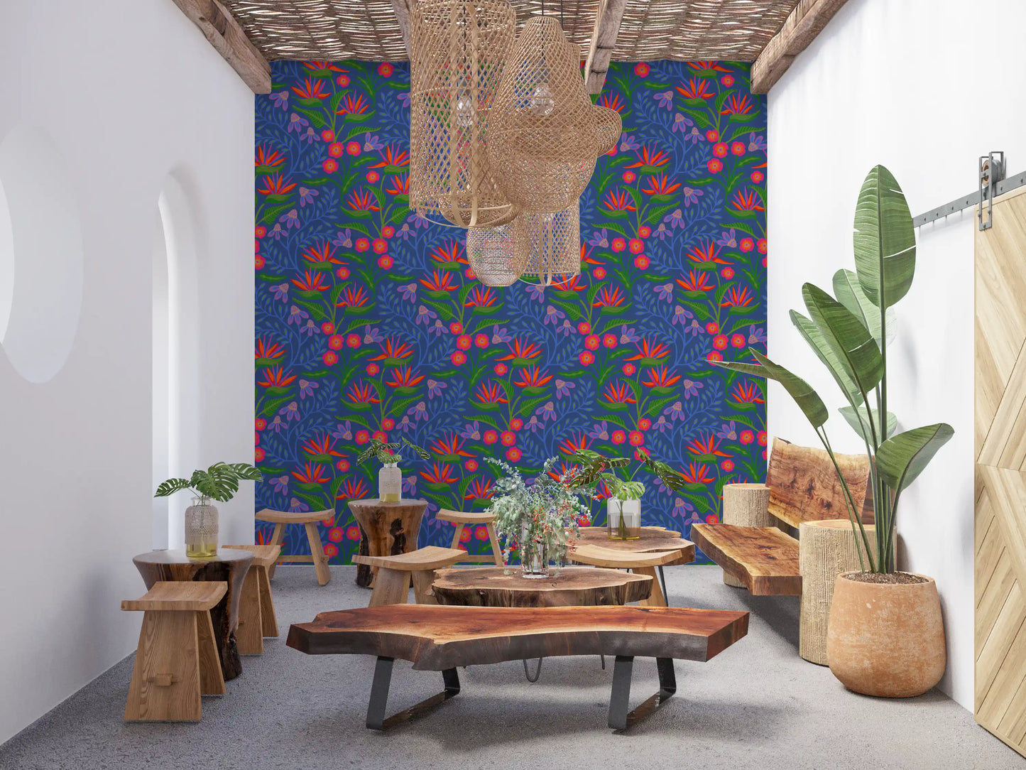 Tropical Tangle Floral Bird of Paradise Fuchsia Pink Blue Wallpaper⁠