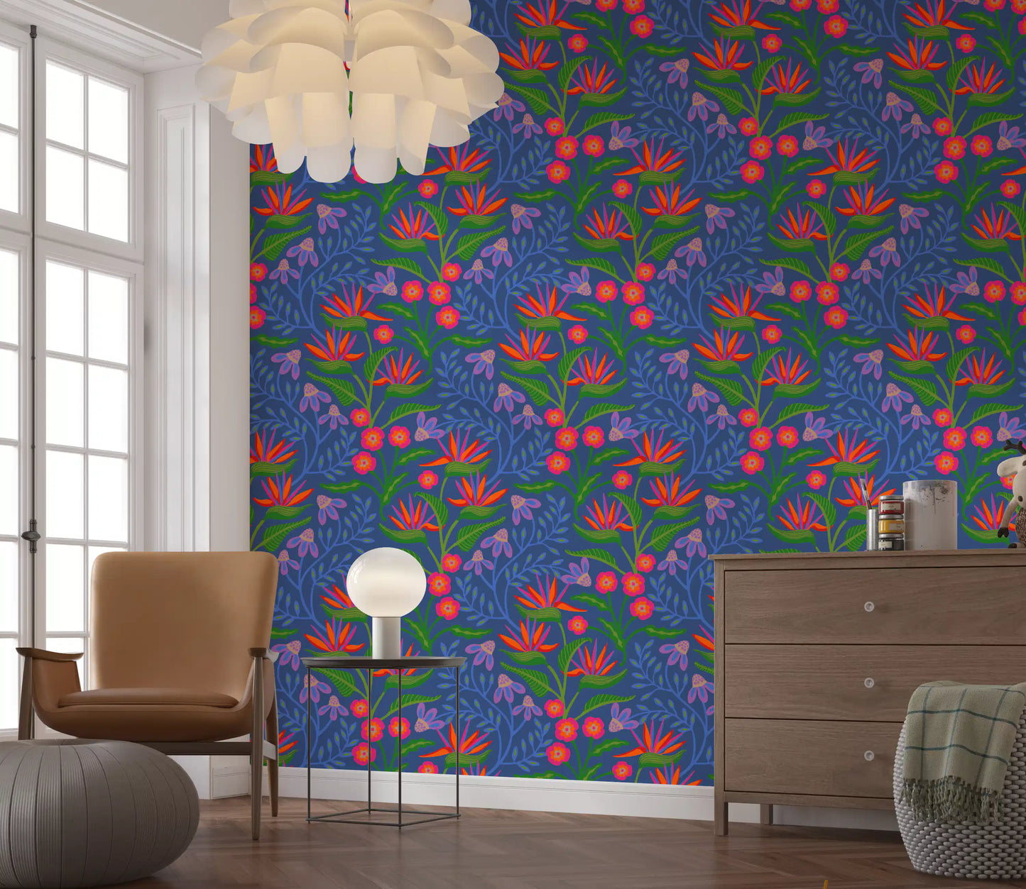 Tropical Tangle Floral Bird of Paradise Fuchsia Pink Blue Wallpaper⁠