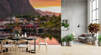 Fjord wall mural with a pink sunset sky and steep rocky cliffs for a dining area., GD9839