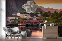 Coastal village wall mural with orange sky and water reflections for living room, GD9839