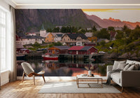 Sunset mural featuring Nordic houses and mountain peaks for an living room feature wall., GD9839