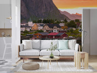 Lofoten Village Sunset & Fjord Wall Mural with coastal buildings and orange light., GD9839
