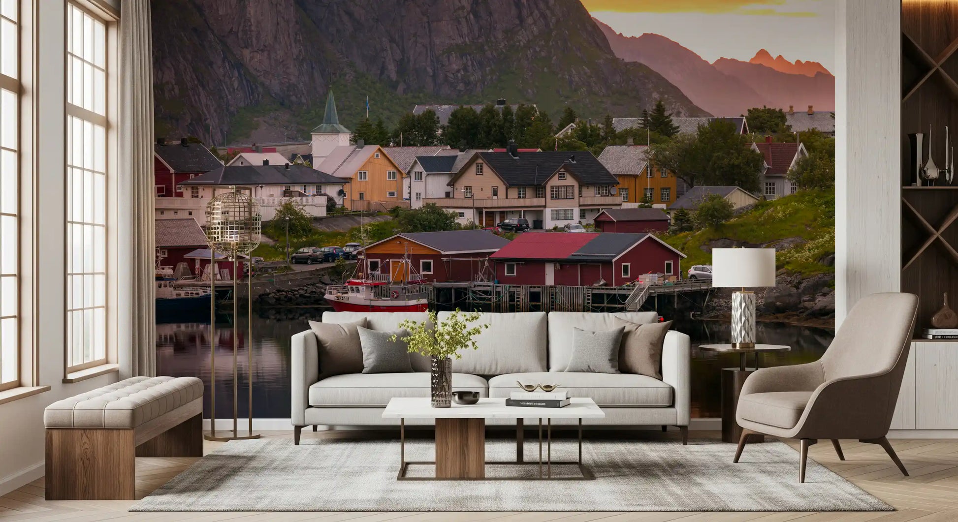 Lofoten wall mural featuring a seaside town under a vibrant sunset for living room., GD9839