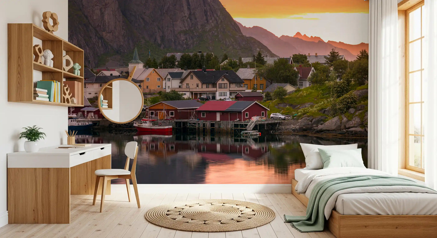 Nordic village wall mural with yellow and red homes and mountain scenery for bedroom., GD9839