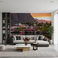 Fjord wall mural with grey mountains and colorful houses reflected in the water., GD9839