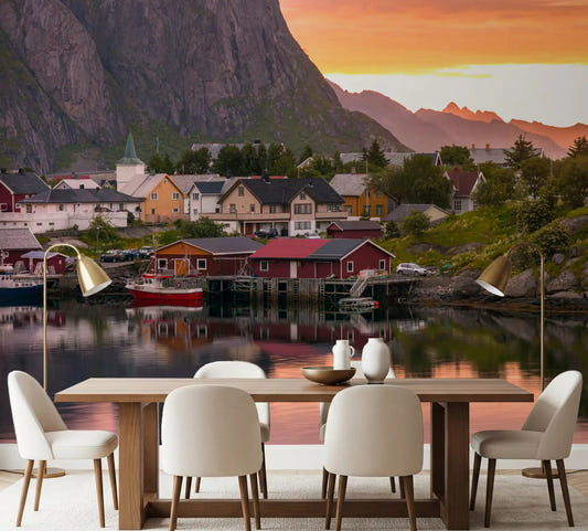 Lofoten Village Sunset & Fjord Wall Mural with red houses and mountains for a dining room.