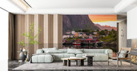 Lofoten Village Sunset & Fjord Wall Mural showing red wooden docks and calm water., GD9839