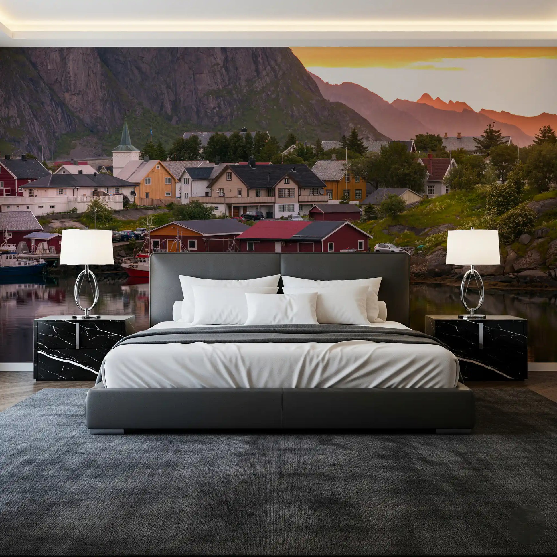 Sunset wall mural depicting a fishing boat and mountain background., GD9839