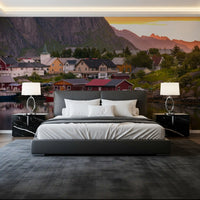 Sunset wall mural depicting a fishing boat and mountain background., GD9839