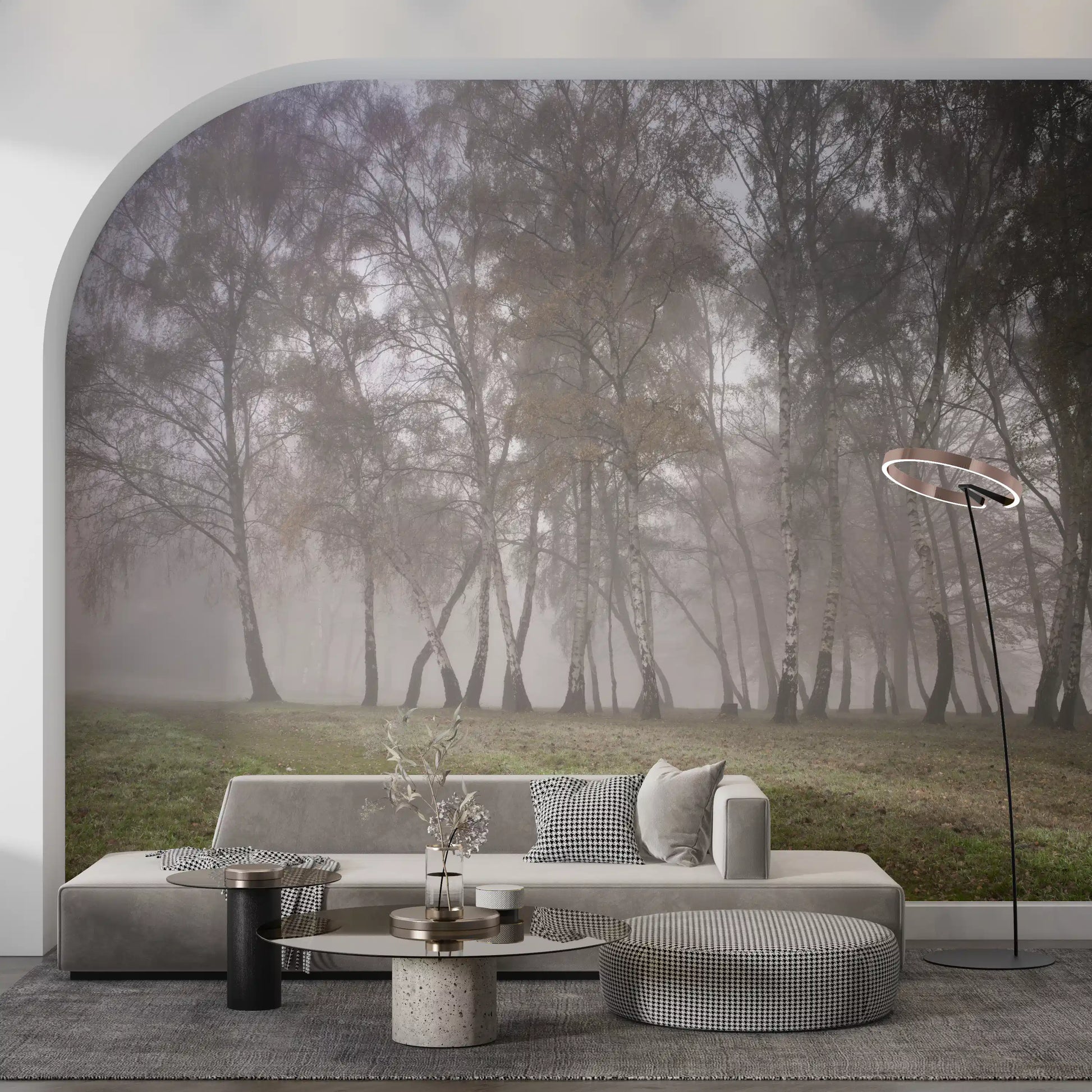 Monochrome nature print with grove trees for living room wall mural.