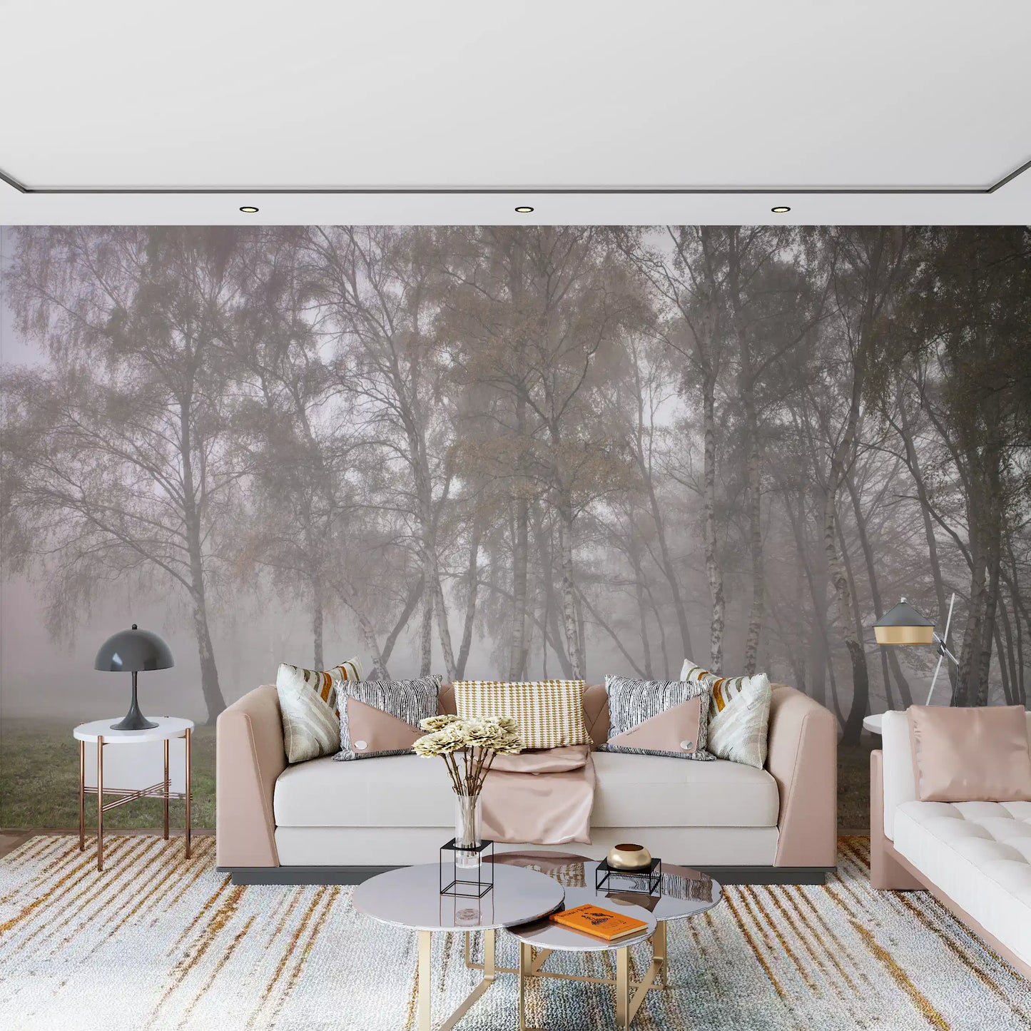 Detailed birch tree forest illustration wall mural for living room area.
