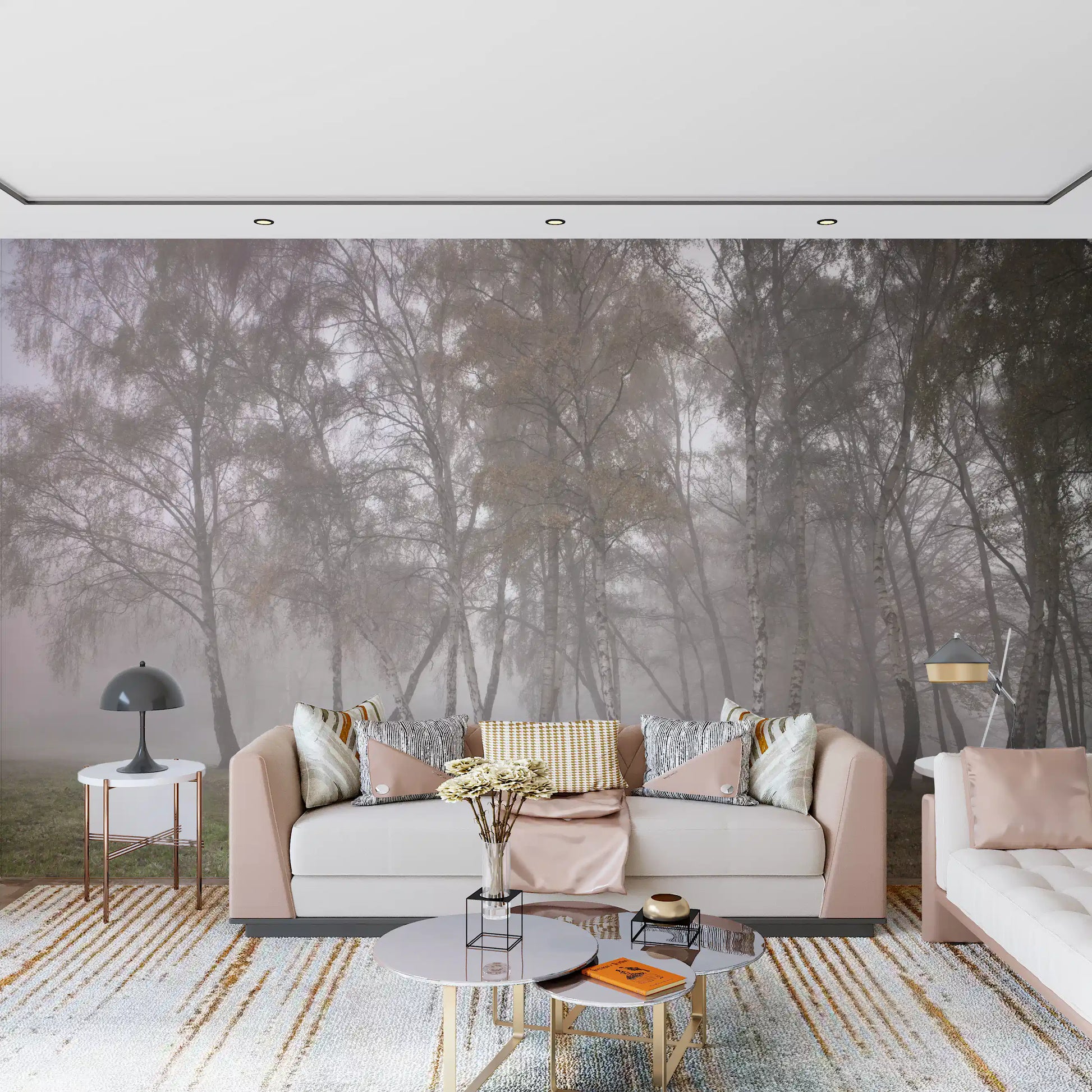 Detailed birch tree forest illustration wall mural for living room area.