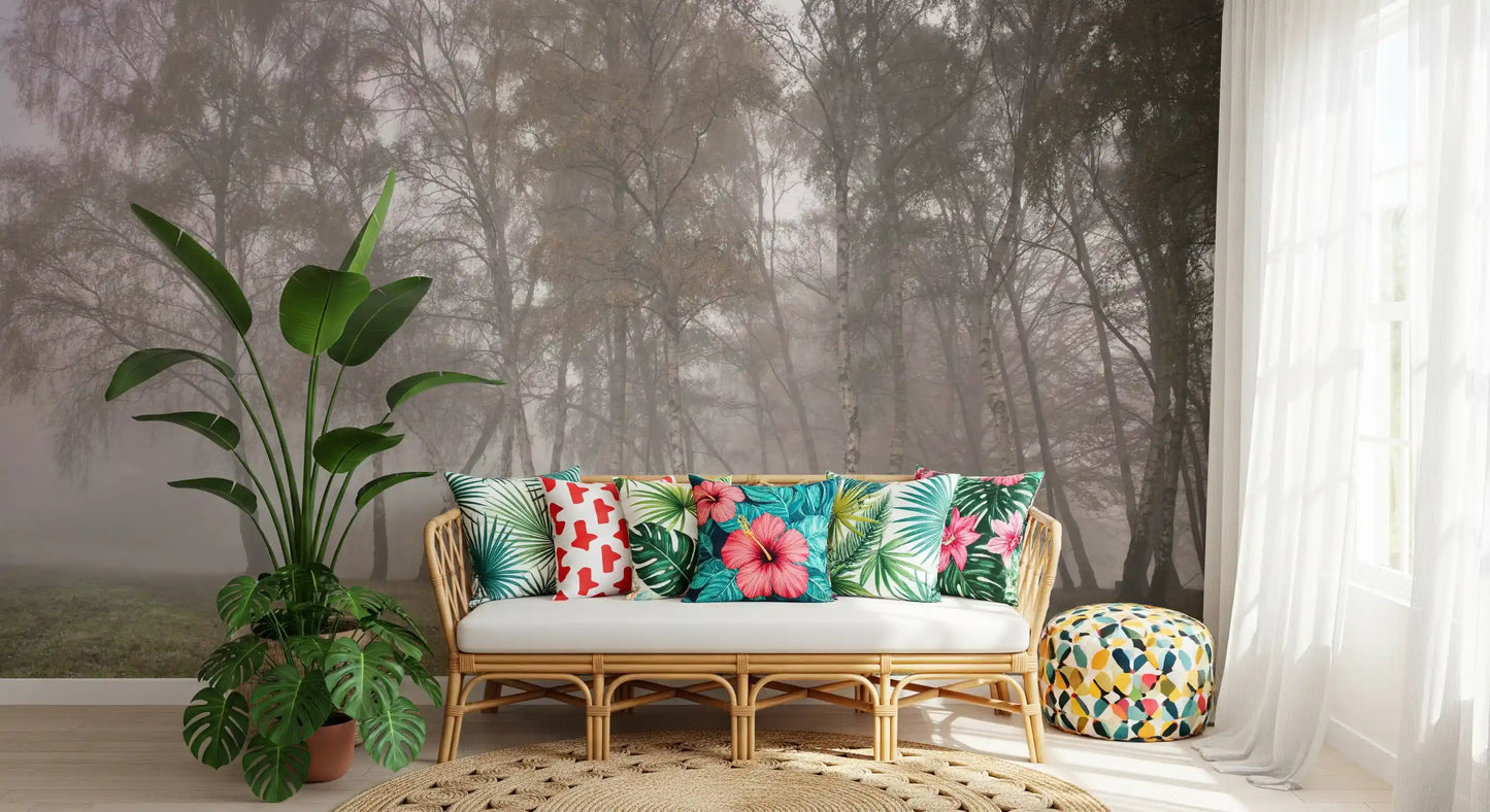 Grey forest landscape mural with thin birch trees for hallway wall art.