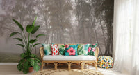 Grey forest landscape mural with thin birch trees for hallway wall art.