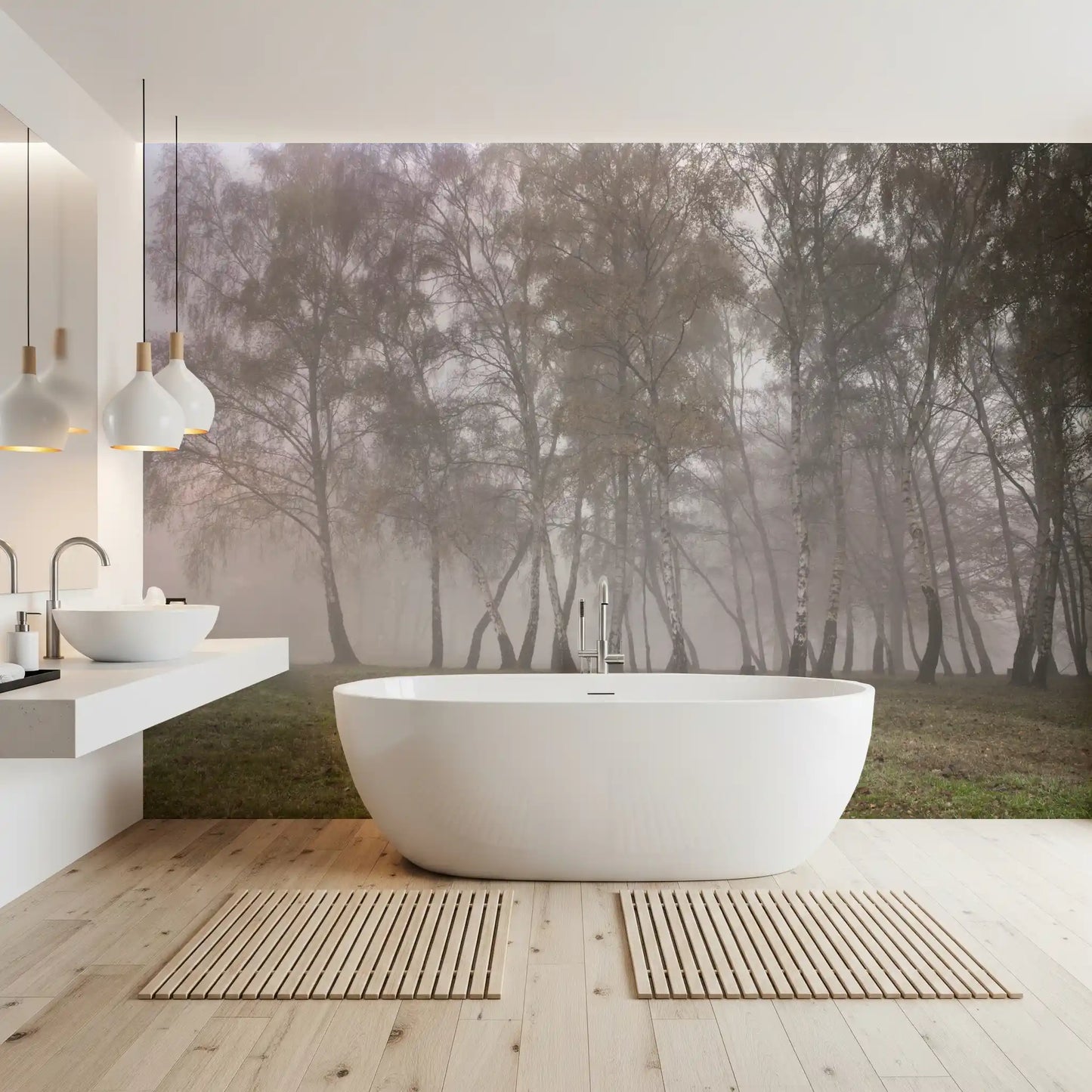 Misty Birch Grove Wall Mural featuring a soft winter forest for bathroom.