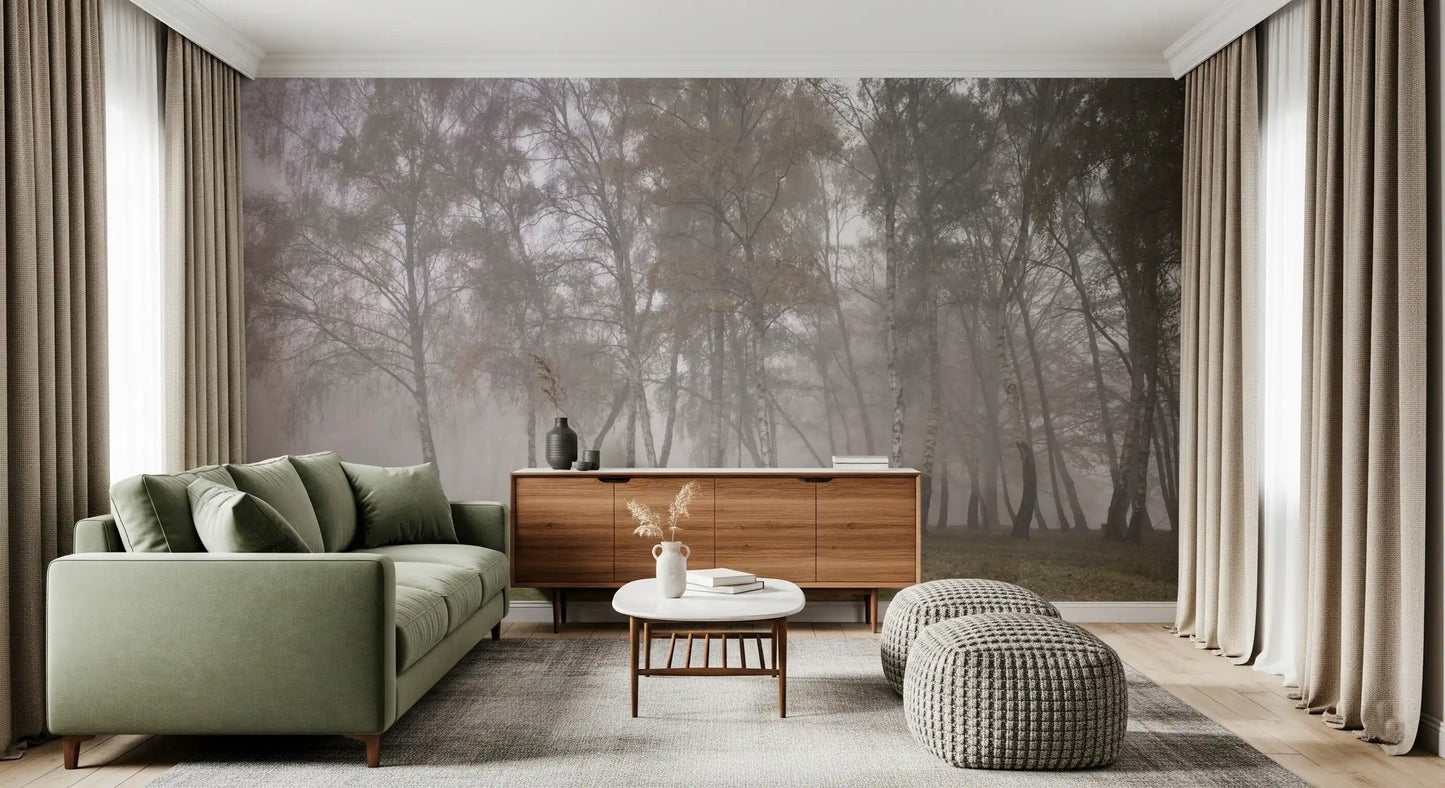 Grey and white misty forest scenery for a large wall mural layout.