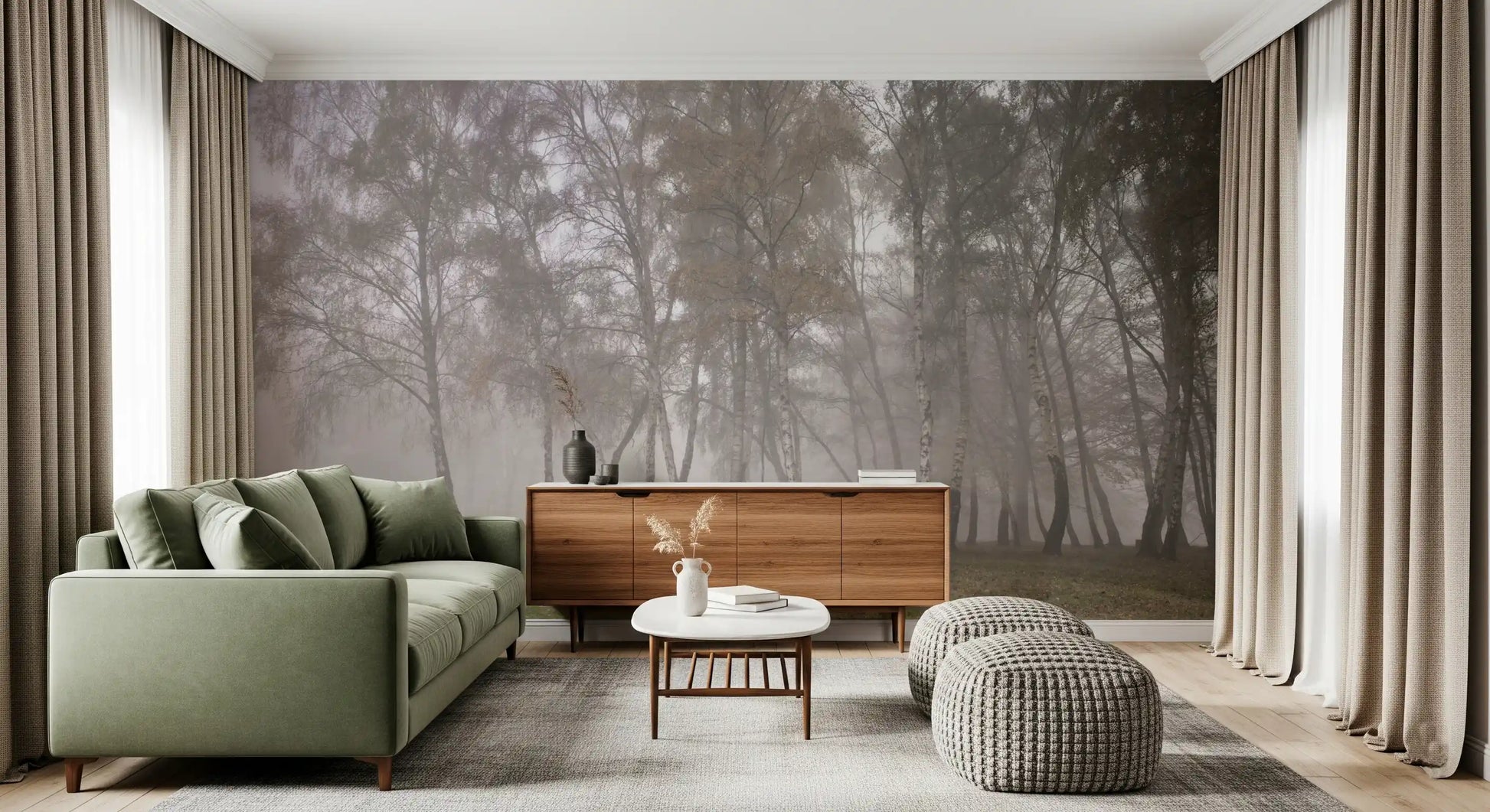 Grey and white misty forest scenery for a large wall mural layout.