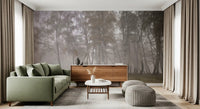 Grey and white misty forest scenery for a large wall mural layout.