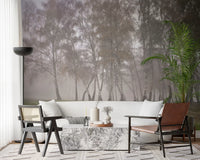 Foggy woodland scene with white misty tree trunks landscape wall mural.