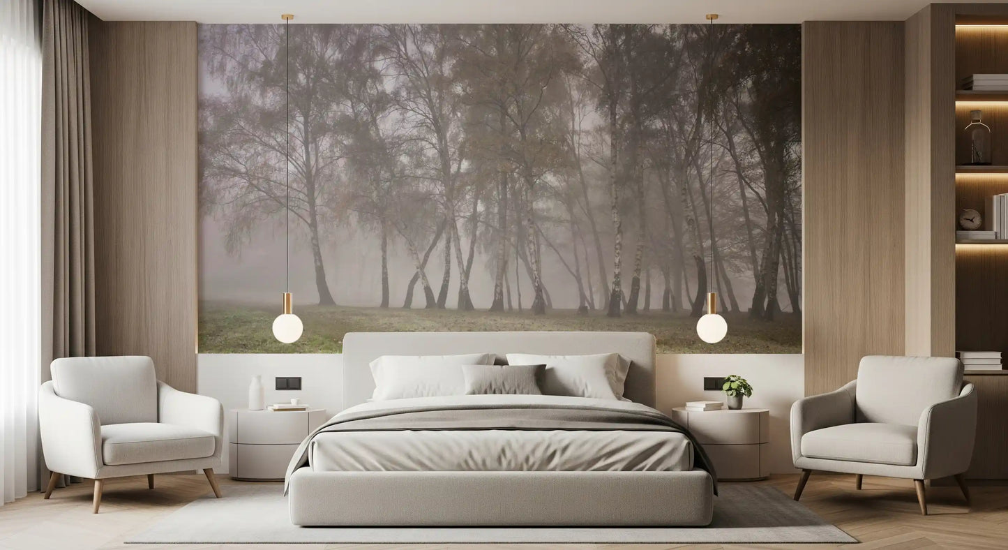 Atmospheric grove of trees in a muted autumn landscape wall mural.