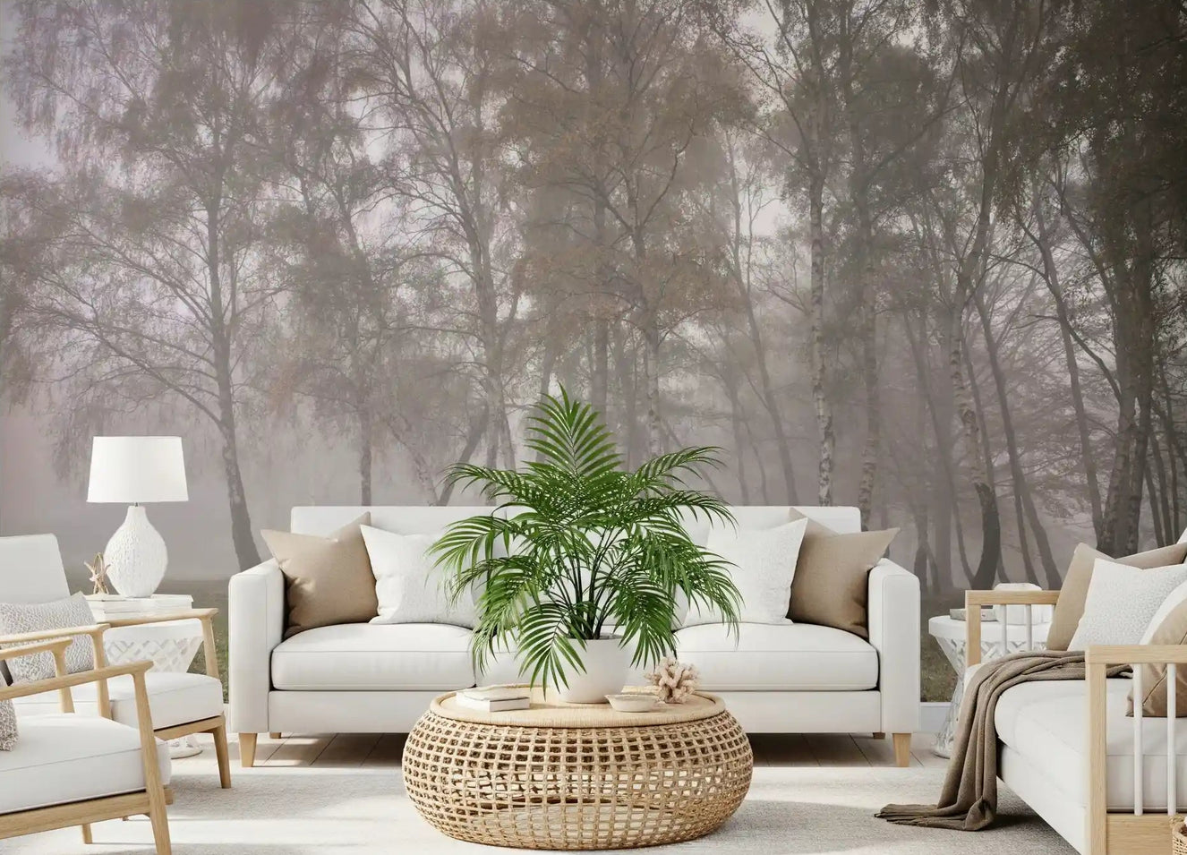 Misty Birch Grove Wall Mural in a minimalist living room backdrop.