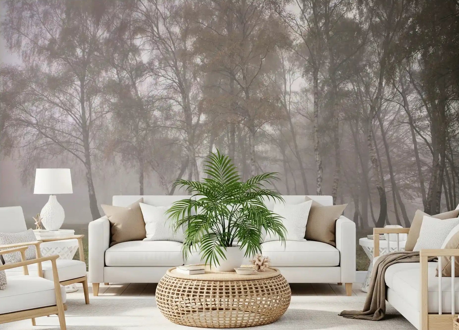 Misty Birch Grove Wall Mural in a minimalist living room backdrop., GD9840