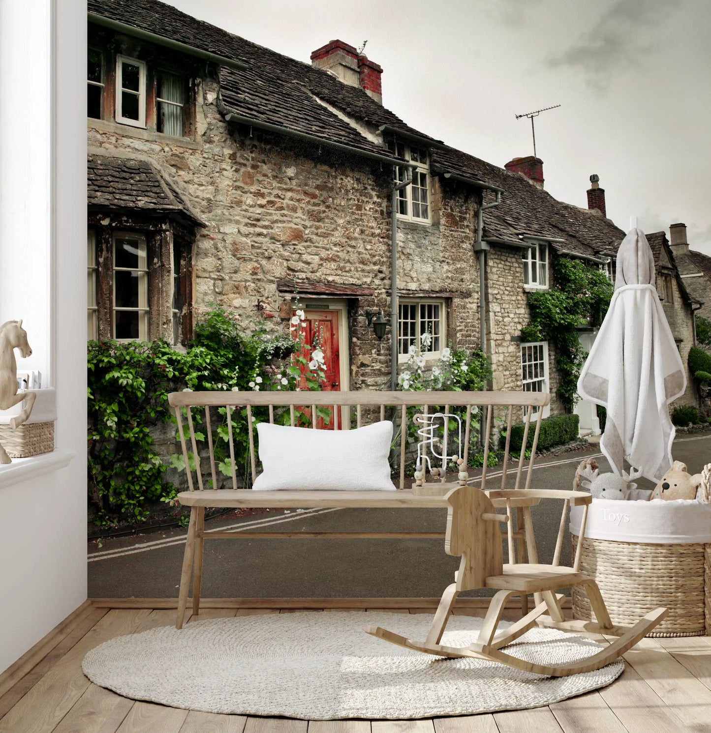 Timeless English Cottages Wall Mural shows grey stone walls and a red door.