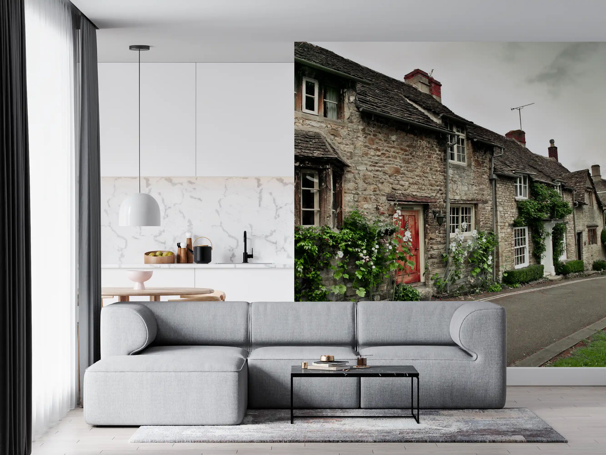 Living room wall mural showing weathered roof tiles and rustic stone texture.