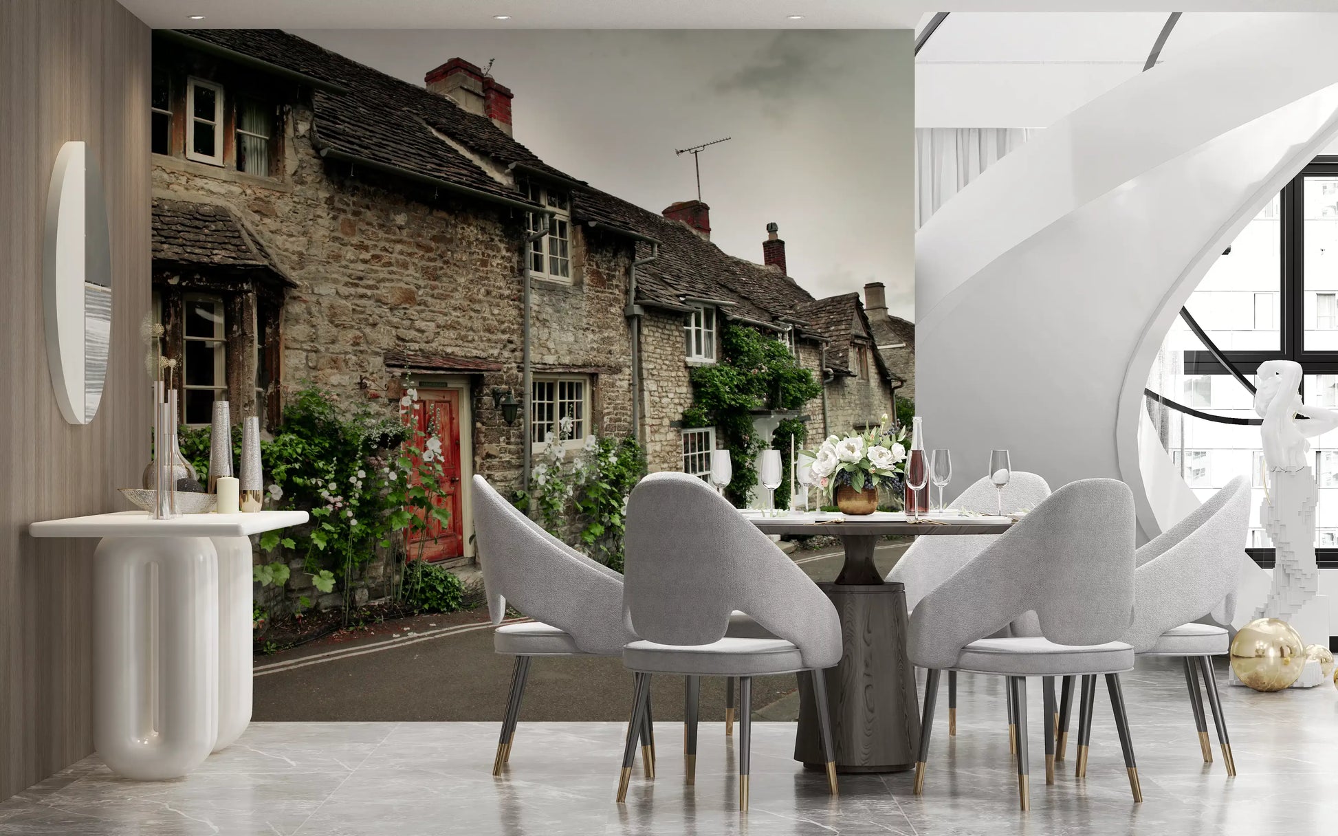 Timeless English Cottages Wall Mural with white flowers and grey masonry.