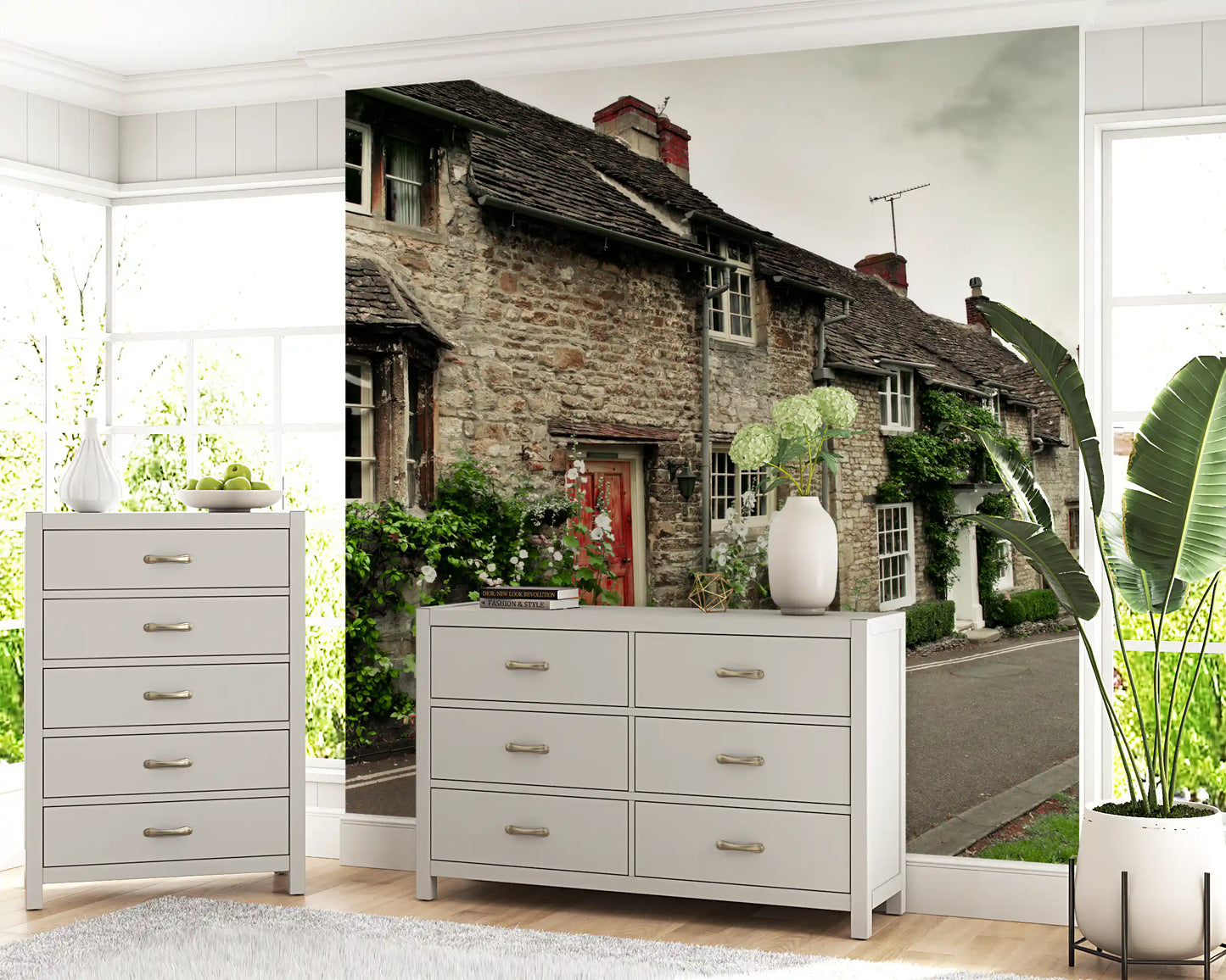 Vintage architecture wall mural featuring traditional English village homes.