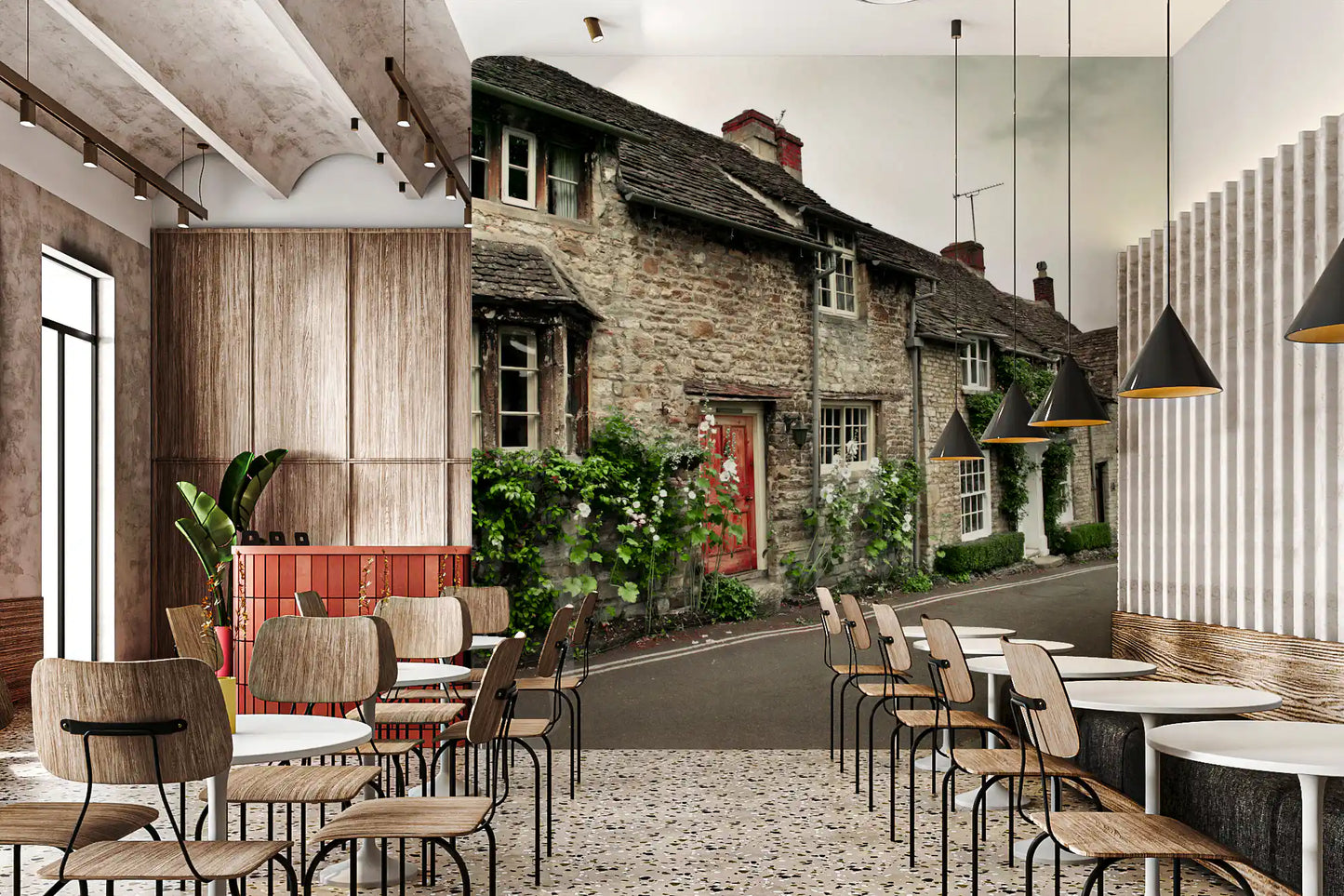 Cafe wall mural with green plants and vintage English stone building.