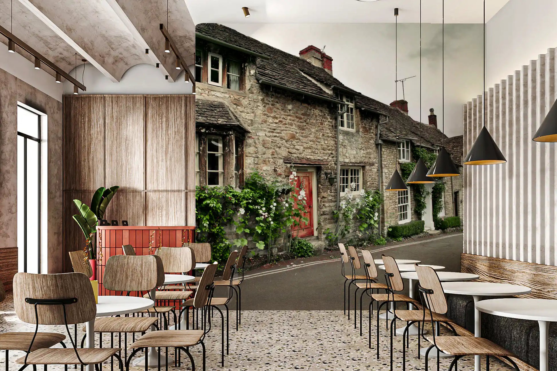 Cafe wall mural with green plants and vintage English stone building.