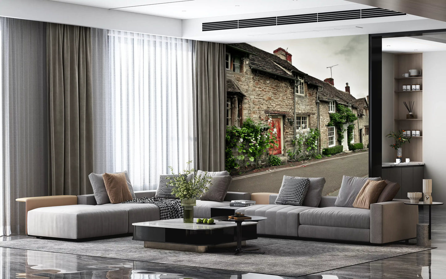 Rustic outdoor scene wall mural with white flowers and aged stone facades.