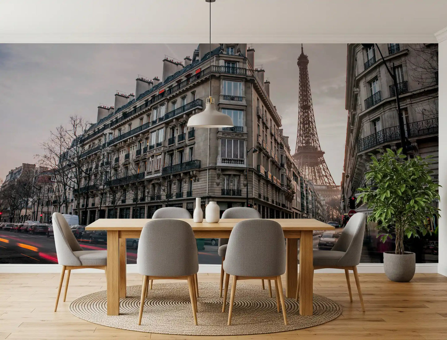 Parisian Evening Flow Wall Mural featuring street corner and Eiffel Tower view.