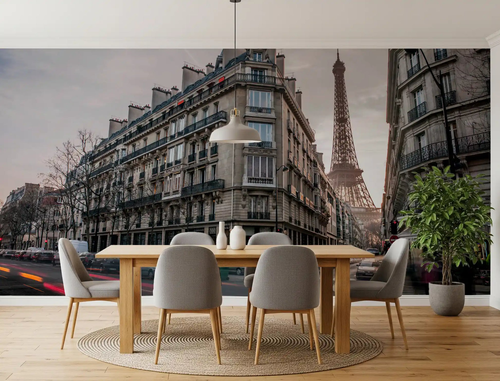 Parisian Evening Flow Wall Mural featuring street corner and Eiffel Tower view.
