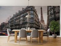 Parisian Evening Flow Wall Mural featuring street corner and Eiffel Tower view.