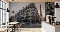 Eiffel Tower view with light trails on grey Parisian Evening Flow Wall Mural for cafe.