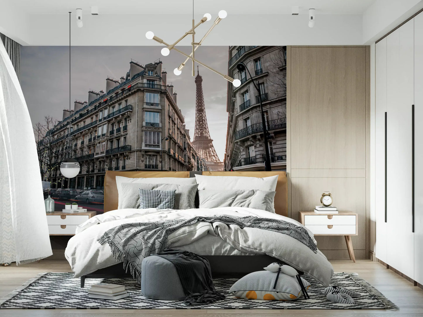 Parisian street scene with stone architecture wall mural for bedroom.