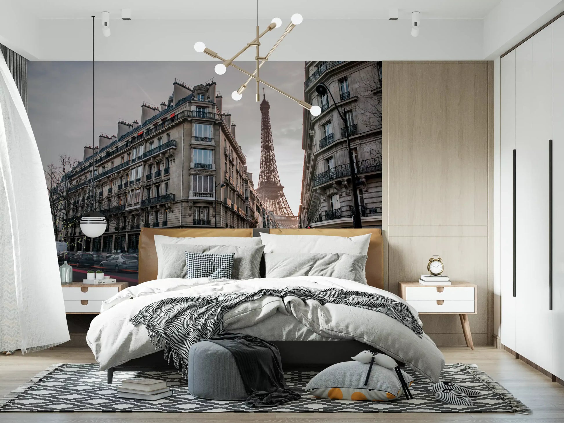 Parisian street scene with stone architecture wall mural for bedroom.